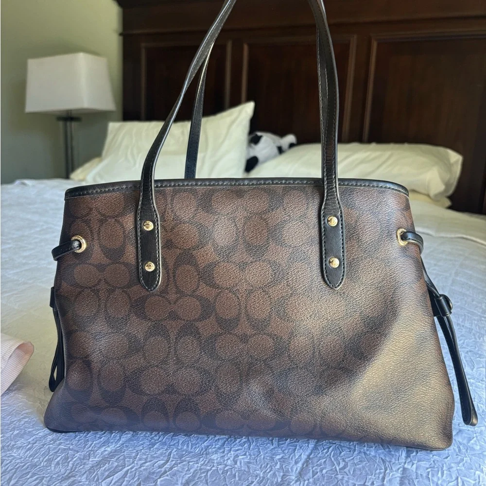 Coach Dark Brown Signature Canvas Tote with Black Trim - Gold clasp